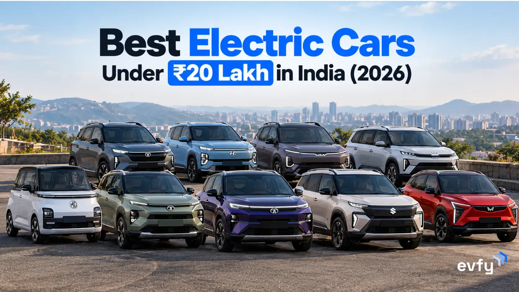 Ten best electric cars under ₹20 lakh in India 2026 lined up in a showroom